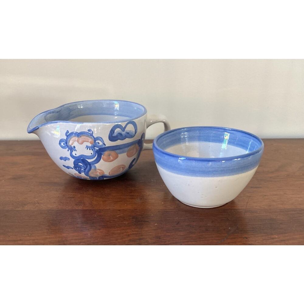 M.A. Hadley Pottery Cow "The End" Gravy Sauce Boat & Blue Rim Bowl 2 Piece Set